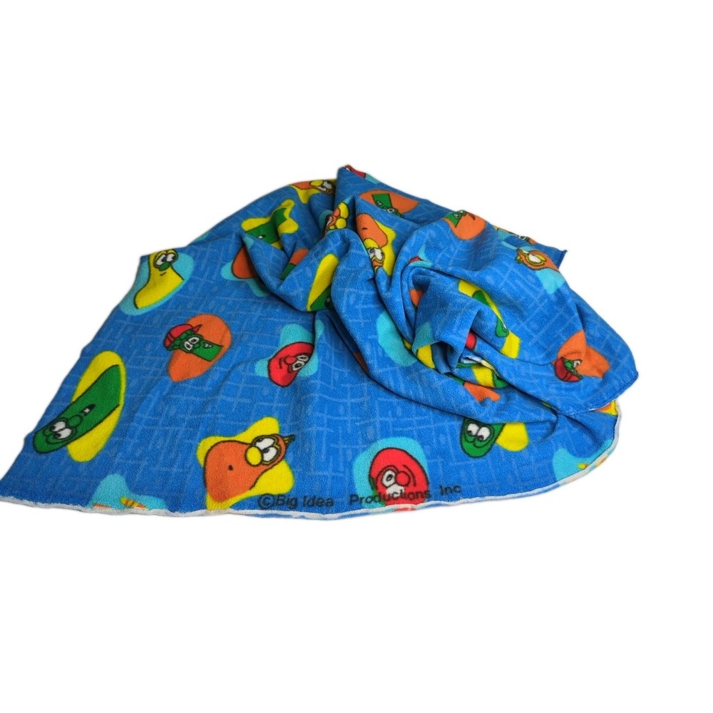 Vtg VeggieTales Fleece Blanket Throw 90s Bob Larry Big Ideas Blue 55" x 36"